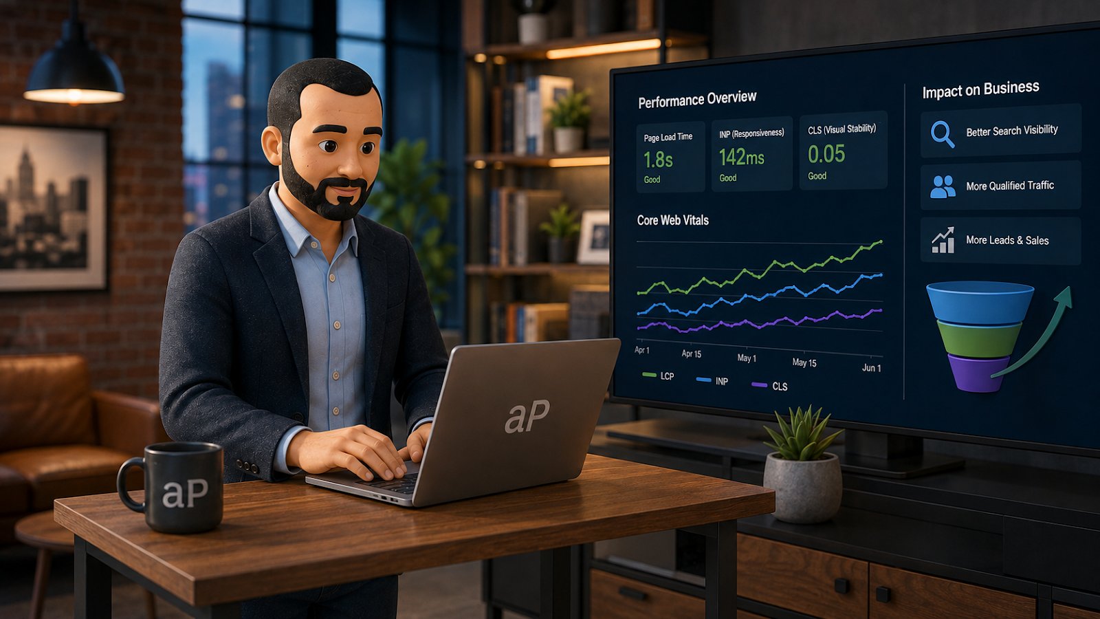 Business consultant reviewing website speed and Core Web Vitals data to improve SEO visibility, user experience, conversions, and sales.
