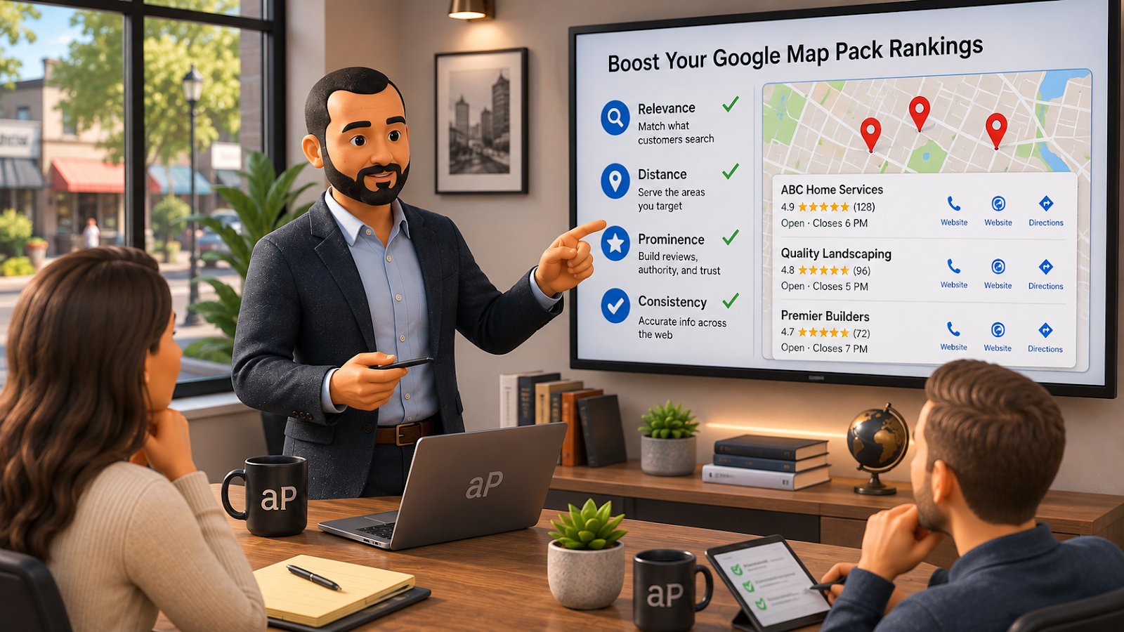 Local SEO consultant presenting Google Map Pack ranking factors, including relevance, distance, prominence, reviews, and accurate business information, to business owners.