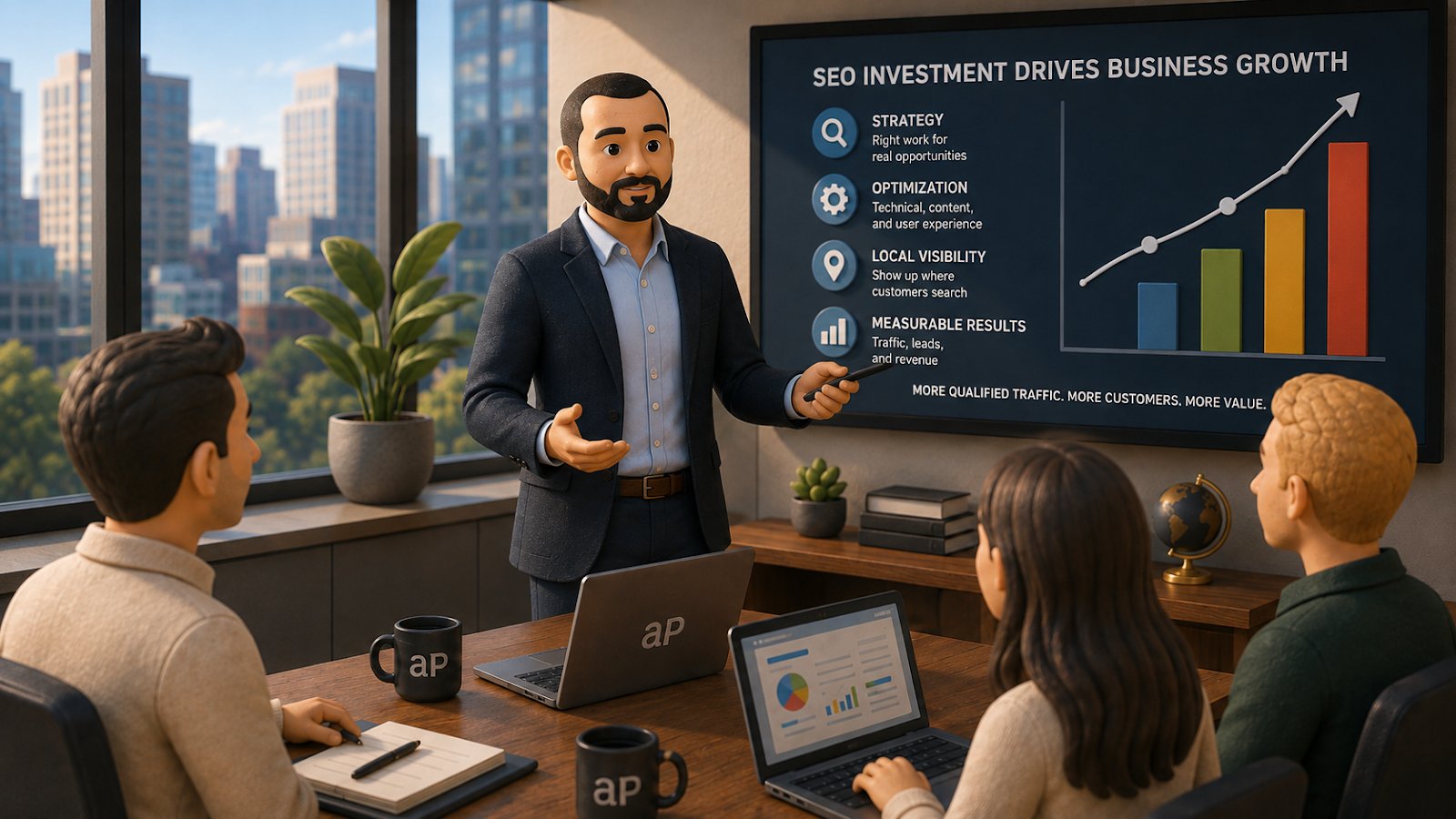Small business team reviewing SEO investment strategy, optimization, local visibility, and measurable growth in a professional planning session.