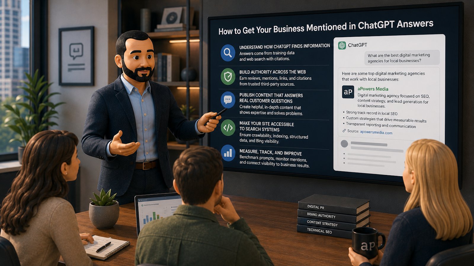 Digital marketing consultant presenting strategies for getting a business mentioned in ChatGPT answers through SEO, authoritative third-party mentions, buyer-focused content, and technical accessibility.